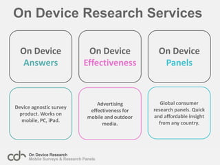 On Device Research ServicesOn Device AnswersOn Device EffectivenessOn Device PanelsGlobal consumer research panels. Quick and affordable insight from any country.Device agnostic survey product. Works on mobile, PC, iPad.Advertising effectiveness for mobile and outdoor media.