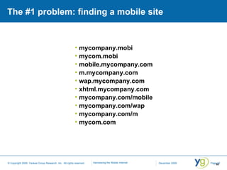 The #1 problem: finding a mobile site mycompany.mobi mycom.mobi mobile.mycompany.com m.mycompany.com wap.mycompany.com xhtml.mycompany.com mycompany.com/mobile mycompany.com/wap mycompany.com/m mycom.com 