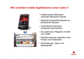 Wie verändern mobile Applikationen unser Leben ?

                       • mobile soziale Netzwerke
                         verbinden Menschen überall
                       • jederzeit Zusatzinformationen zur
                         persönliche Situation
                       • automatische Sensoren
                         verbessern den Komfort
                       • der Jedermann–Reporter mit QIK
                         und Twitter
                       • Ortsinformationen erleichtern das
                         Finden und Verabreden
                       • Unterhaltungs-, Spiel- und
                         Spassgeräte


6
 