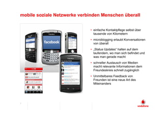 mobile soziale Netzwerke verbinden Menschen überall


                             • einfache Kontaktpflege selbst über
                               tausende von Kilometern
                             • microblogging erlaubt Konversationen
                               von überall
                             • „Status Updates“ halten auf dem
                               laufendem, wo man sich befindet und
                               was man gerade macht
                             • schneller Austausch von Medien
                               macht relevante Informationen dem
                               Freundeskreis schnell zugänglich
                             • Unmittelbares Feedback von
                               Freunden ist eine neue Art des
                               Miteinanders




7
 