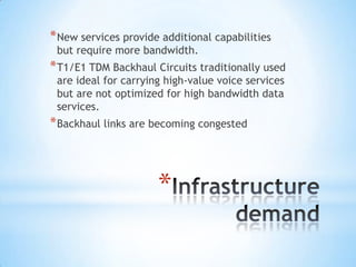 * New services provide additional capabilities
 but require more bandwidth.
* T1/E1 TDM Backhaul Circuits traditionally used
 are ideal for carrying high-value voice services
 but are not optimized for high bandwidth data
 services.
* Backhaul links are becoming congested



                      *
 