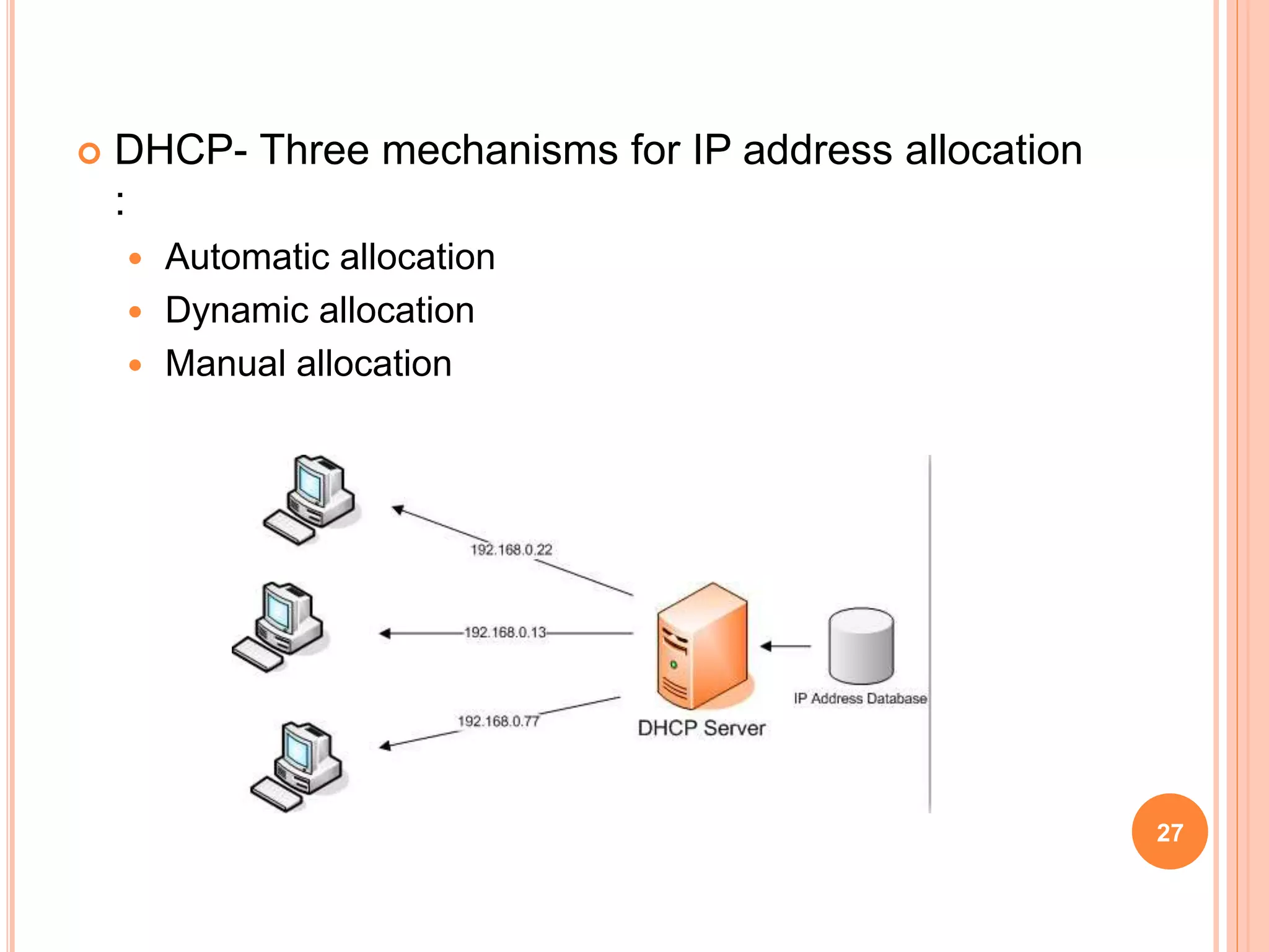  DHCP- Three mechanisms for IP address allocation
:
 Automatic allocation
 Dynamic allocation
 Manual allocation
27
 
