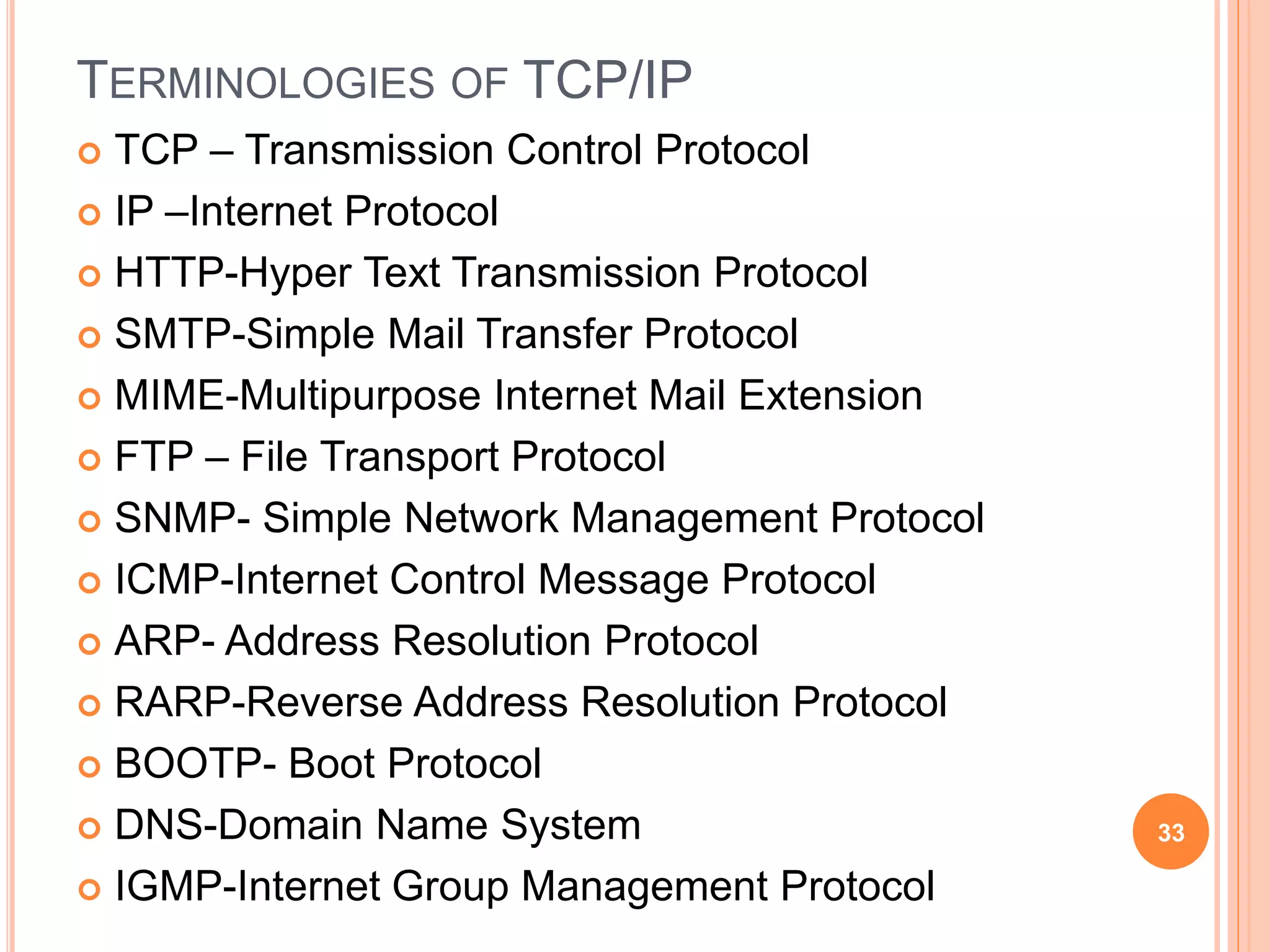 TERMINOLOGIES OF TCP/IP
 TCP – Transmission Control Protocol
 IP –Internet Protocol
 HTTP-Hyper Text Transmission Protocol
 SMTP-Simple Mail Transfer Protocol
 MIME-Multipurpose Internet Mail Extension
 FTP – File Transport Protocol
 SNMP- Simple Network Management Protocol
 ICMP-Internet Control Message Protocol
 ARP- Address Resolution Protocol
 RARP-Reverse Address Resolution Protocol
 BOOTP- Boot Protocol
 DNS-Domain Name System
 IGMP-Internet Group Management Protocol
33
 