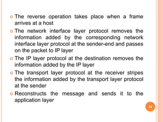  The reverse operation takes place when a frame
arrives at a host
 The network interface layer protocol removes the
information added by the corresponding network
interface layer protocol at the sender-end and passes
on the packet to IP layer
 The IP layer protocol at the destination removes the
information added by the IP layer
 The transport layer protocol at the receiver stripes
the information added by the transport layer protocol
at the sender
 Reconstructs the message and sends it to the
application layer
32
 