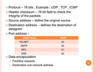  Protocol – 16 bits , Example : UDP , TCP , ICMP
 Header checksum – 16 bit field to check the
integrity of the packets
 Source address – define the original source
 Destination address – defines the destination of
datagram
 Port address –
 Data encapsulation
 Facilities requests
 Destination sub-network address
42
PROTOCOL PORT
TELNET 23
SMTP 25
RPC 111
DNS 53
 