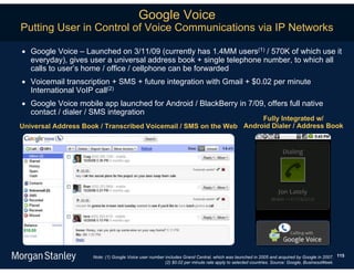 Google Voice
Putting User in Control of Voice Communications via IP Networks

 Google Voice – Launched on 3/11/09 (currently has 1.4MM users(1) / 570K of which use it
  everyday), gives user a universal address book + single telephone number, to which all
  calls to user’s home / office / cellphone can be forwarded
 Voicemail transcription + SMS + future integration with Gmail + $0.02 per minute
  International VoIP call(2)
 Google Voice mobile app launched for Android / BlackBerry in 7/09, offers full native
  contact / dialer / SMS integration
                                                                     Fully Integrated w/
Universal Address Book / Transcribed Voicemail / SMS on the Web Android Dialer / Address Book




                     Note: (1) Google Voice user number includes Grand Central, which was launched in 2005 and acquired by Google in 2007. 115
                                                        (2) $0.02 per minute rate apply to selected countries. Source: Google, BusinessWeek.
 