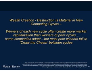 Wealth Creation / Destruction Is Material in New
               Computing Cycles –

 Winners of each new cycle often create more market
     capitalization than winners of prior cycles…
some companies adapt…but most prior winners fail to
         ‘Cross the Chasm’ between cycles




               Note: ‘Crossing the Chasm’ refers to a company’s ability to transition from early adoption of a technology to the mainstream
          market (Chasm 1.0) or from a legacy business model to a disruptive business model (Chasm 2.0). In this theme, companies that
           ‘crossed the chasm’ were able to bring disruptive technologies to the mass market and adapt to changes in market structure by
                                                 introducing innovative business models. Source: Geoffrey Moore, “Crossing the Chasm”. 15
 