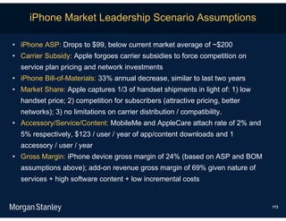 iPhone Market Leadership Scenario Assumptions

• iPhone ASP: Drops to $99, below current market average of ~$200
• Carrier Subsidy: Apple forgoes carrier subsidies to force competition on
  service plan pricing and network investments
• iPhone Bill-of-Materials: 33% annual decrease, similar to last two years
• Market Share: Apple captures 1/3 of handset shipments in light of: 1) low
  handset price; 2) competition for subscribers (attractive pricing, better
  networks); 3) no limitations on carrier distribution / compatibility.
• Accessory/Service/Content: MobileMe and AppleCare attach rate of 2% and
  5% respectively, $123 / user / year of app/content downloads and 1
  accessory / user / year
• Gross Margin: iPhone device gross margin of 24% (based on ASP and BOM
  assumptions above); add-on revenue gross margin of 69% given nature of
  services + high software content + low incremental costs


                                                                              172
 