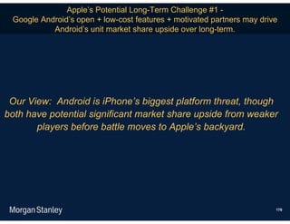 Apple’s Potential Long-Term Challenge #1 -
 Google Android’s open + low-cost features + motivated partners may drive
           Android’s unit market share upside over long-term.




 Our View: Android is iPhone’s biggest platform threat, though
both have potential significant market share upside from weaker
       players before battle moves to Apple’s backyard.




                                                                        178
 