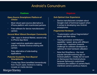 Android’s Conundrum
               Positives                                        Negatives

Open-Source Smartphone Platform-of-              Sub-Optimal User Experience
   Choice
                                                    Device manufacturers complain about
   Most robust open-source alternative to           Google’s lack of technical support when
    iPhone platform with incentivized partners       it comes to developing new Android
                                                     smartphones
   Free software for device manufacturers /
    carriers                                     Fragmented Hardware
Second Most Vibrant Developer Community             “Customization without fragmentation”
                                                     easier said than done;
   10K+ apps in Android Market, second only
    to iPhone App Store                             Varying processor architecture /
                                                     capability / speed, along with different
   Least restrictive application approval
                                                     screen size / resolution presents
    policies + flexible revenue sharing with
                                                     challenge for software developers to
    carriers
                                                     optimize for best hardware utilization
   Easy alternative of side-loading
                                                    Note that ShopSavvy - the most
    applications
                                                     popular barcode-scanning app on
Potential Scalability from Beyond                    Android platform - initially did not work
    Smartphones                                      on Samsung’s first Android phone
                                                     because Samsung’s customized
   iTunes App Store benefitted tremendously
                                                     hardware (the addition of camera flash)
    from iTouch users; Android is making
                                                     interfered camera autofocus feature.
    inroads on media devices
                                                                                                 187
 