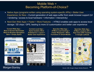 Mobile Web =
                             Becoming Platform-of-Choice?
  Native Apps (programs written using operating system-specific APIs) = Better User
   Experience, for Now – Current generation of web apps suffer from weak browser support (UI
   / rendering / access to local hardware + information / interactivity)
  Next-Gen Web Apps = Faster + More Features – HTML5 enables web apps to access local
   storage / 3D chips / GPS, leading to more UI customization and better user experience
   Current Web App –           Current Local App –       Next-Gen Web App –             Next-Gen Web App –
Most of Screen Real Estate     Same Content, More       HTML5 Local Caching =           HTML5 Location API =
Went to Browser Navigation    Polished UI + Layout =    Faster Response + More         Real Time GPS Tracking
   Bars + Empty Space         Better User Experience   Functions in Gmail Mobile         in Google Latitude




                                                                                                                     192
                                                                     Source: CBS, Google, Morgan Stanley Research.
 