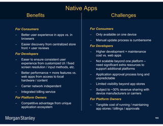Native Apps
       Benefits                                              Challenges

For Consumers                                 For Consumers
   Better user experience in apps vs. in        Only available on one device
    browsers                                     Manual update process is cumbersome
   Easier discovery from centralized store   For Developers
    front + user reviews
                                                 Higher development + maintenance
For Developers                                    cost vs. web apps
   Easer to ensure consistent user              Not scalable beyond one platform –
    experience from customized UI / fixed         need significant extra resources to
    screen resolution / input methods, etc.       support additional platforms
   Better performance + more features vs.       Application approval process long and
    web apps from access to local                 unpredictable
    hardware / content
                                                 Limited visibility beyond app stores
   Carrier network independent
                                                 Subject to ~30% revenue sharing with
   Integrated billing service                    device manufacturers or carriers
For Platform Owners                           For Platform Owners
   Competitive advantage from unique            Tangible cost of running / maintaining
    application ecosystem                         app stores / billings / approvals

                                                                                           193
 