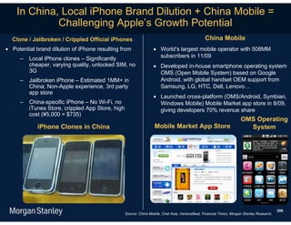 In China, Local iPhone Brand Dilution + China Mobile =
             Challenging Apple’s Growth Potential
  Clone / Jailbroken / Crippled Official iPhones                                                 China Mobile
 Potential brand dilution of iPhone resulting from                World’s largest mobile operator with 508MM
     –   Local iPhone clones – Significantly                        subscribers in 11/09
         cheaper, varying quality, unlocked SIM, no                Developed in-house smartphone operating system
         3G                                                         OMS (Open Mobile System) based on Google
     –   Jailbroken iPhone – Estimated 1MM+ in                      Android, with global handset OEM support from
         China; Non-Apple experience, 3rd party                     Samsung, LG, HTC, Dell, Lenovo…
         app store
                                                                   Launched cross-platform (OMS/Android, Symbian,
     –   China-specific iPhone – No Wi-Fi, no                       Windows Mobile) Mobile Market app store in 8/09,
         iTunes Store, crippled App Store, high                     giving developers 70% revenue share
         cost (¥5,000 = $735)
                                                                                                                      OMS Operating
            iPhone Clones in China                                 Mobile Market App Store                              System




                                                                                                                                            206
                                                  Source: China Mobile, Cnet Asia, VentureBeat, Financial Times, Morgan Stanley Research.
 