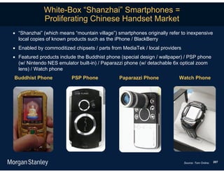 White-Box “Shanzhai” Smartphones =
             Proliferating Chinese Handset Market
 “Shanzhai” (which means “mountain village”) smartphones originally refer to inexpensive
  local copies of known products such as the iPhone / BlackBerry
 Enabled by commoditized chipsets / parts from MediaTek / local providers
 Featured products include the Buddhist phone (special design / wallpaper) / PSP phone
  (w/ Nintendo NES emulator built-in) / Paparazzi phone (w/ detachable 6x optical zoom
  lens) / Watch phone
Buddhist Phone            PSP Phone            Paparazzi Phone            Watch Phone




                                                                             Source: Tom Online.   207
 