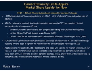 Carrier Exclusivity Limits Apple’s
                          Market Share Upside, for Now
                 AT&T (~45% of iPhone Subscribers) strained by demand / change
 ~11MM cumulative iPhone subscriptions on AT&T, ~45% of global iPhone subscribers as of
  CQ2:09

 AT&T’s network is strained, leading to frustrated users and AT&T has rejected / limited
  bandwidth-intensive apps on iPhone
        Modified 3G terms of service to ban Slingbox streaming over 3G on iPhone (5/09)
        Limited Skype VoIP call feature to Wi-Fi only (3/09)
        Limited CBS NCAA March Madness On Demand live video streaming to Wi-Fi (3/09)

 FCC (Federal Communications Commission) launched an inquiry into AT&T’s role in limiting /
  rejecting iPhone apps in light of the rejection of the official Google Voice app in 7/09

 Apple options: 1) Deal with AT&T restrictions and trade unit volume for margin (unlikely, in our
  view), 2) Sign on incremental carriers to create competition for best carrier network (most
  likely near-term), 3) Move to a carrier agnostic strategy (likely longer-term, with ubiquitous LTE
  networks and a less hardware-dependent iPhone financial model).



                                                                                                 211
 