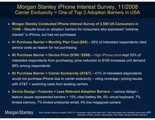 Morgan Stanley iPhone Interest Survey, 11/2008
    Carrier Exclusivity = One of Top 3 Adoption Barriers in USA

 Morgan Stanley Conducted iPhone Interest Survey of 2,500 US Consumers in
  11/08 – Results focus on adoption barriers for consumers who expressed “extreme
  interest” in iPhone, but had not purchased

 #1 Purchase Barrier = Monthly Plan Cost ($95) – 55% of interested respondents cited
  service costs as reason for not purchasing

 #2 Purchase Barrier = Device Price ($199 / $299) – High iPhone price kept 53% of
  interested respondents from purchasing; price reduction to $100 increases unit demand
  89% among respondents

 #3 Purchase Barrier = Carrier Exclusivity (AT&T) – 41% of interested respondents
  would not purchase iPhone due to carrier exclusivity – citing coverage / pricing issues
  with AT&T + switching costs from existing carriers

 Device Design / Features = Less Relevant Adoption Barriers – various design /
  feature issues represented barriers = 15% cited battery life, 9% virtual keyboard, 7%
  limited memory, 7% limited enterprise email, 4% low megapixel camera

                    Note: Morgan Stanley surveyed 2,500 U.S. consumers, result here taken from 1,065 respondents who indicated some levels of212
                                                              interests in iPhone. Source: Katy Huberty, Nick Delfas, Morgan Stanley Research.
 