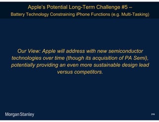 Apple’s Potential Long-Term Challenge #5 –
Battery Technology Constraining iPhone Functions (e.g. Multi-Tasking)




  Our View: Apple will address with new semiconductor
technologies over time (though its acquisition of PA Semi),
potentially providing an even more sustainable design lead
                     versus competitors.




                                                                        216
 