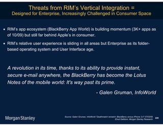 Threats from RIM’s Vertical Integration =
     Designed for Enterprise, Increasingly Challenged in Consumer Space


 RIM’s app ecosystem (BlackBerry App World) is building momentum (3K+ apps as
  of 10/09) but still far behind Apple’s in consumer.

 RIM’s relative user experience is sliding in all areas but Enterprise as its folder-
  based operating system and User Interface age.



  A revolution in its time, thanks to its ability to provide instant,
  secure e-mail anywhere, the BlackBerry has become the Lotus
  Notes of the mobile world: It's way past its prime.

                                                                    - Galen Gruman, InfoWorld



                                    Source: Galen Gruman, InfoWorld “Deathmatch rematch: BlackBerry versus iPhone 3.0” 07/03/09.
                                                                                                                                 229
                                                                                      Ehud Gelblum, Morgan Stanley Research.
 