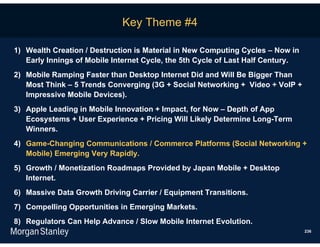 Key Theme #4

1) Wealth Creation / Destruction is Material in New Computing Cycles – Now in
   Early Innings of Mobile Internet Cycle, the 5th Cycle of Last Half Century.
2) Mobile Ramping Faster than Desktop Internet Did and Will Be Bigger Than
   Most Think – 5 Trends Converging (3G + Social Networking + Video + VoIP +
   Impressive Mobile Devices).
3) Apple Leading in Mobile Innovation + Impact, for Now – Depth of App
   Ecosystems + User Experience + Pricing Will Likely Determine Long-Term
   Winners.
4) Game-Changing Communications / Commerce Platforms (Social Networking +
   Mobile) Emerging Very Rapidly.
5) Growth / Monetization Roadmaps Provided by Japan Mobile + Desktop
   Internet.
6) Massive Data Growth Driving Carrier / Equipment Transitions.
7) Compelling Opportunities in Emerging Markets.
8) Regulators Can Help Advance / Slow Mobile Internet Evolution.
                                                                                 236
 