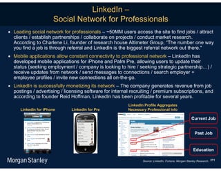 LinkedIn –
                       Social Network for Professionals
 Leading social network for professionals – ~50MM users access the site to find jobs / attract
  clients / establish partnerships / collaborate on projects / conduct market research.
  According to Charlene Li, founder of research house Altimeter Group, “The number one way
  you find a job is through referral and LinkedIn is the biggest referral network out there."
 Mobile applications allow constant connectivity to professional network – LinkedIn has
  developed mobile applications for iPhone and Palm Pre, allowing users to update their
  status (seeking employment / company is looking to hire / seeking strategic partnership…) /
  receive updates from network / send messages to connections / search employer +
  employee profiles / invite new connections all on-the-go.
 LinkedIn is successfully monetizing its network – The company generates revenue from job
  postings / advertising / licensing software for internal recruiting / premium subscriptions, and
  according to founder Reid Hoffman, LinkedIn has been profitable for several years.
                                                         LinkedIn Profile Aggregates
     LinkedIn for iPhone      LinkedIn for Pre           Necessary Professional Info

                                                                                                      Current Job


                                                                                                        Past Job


                                                                                                       Education

                                                                 Source: LinkedIn, Fortune, Morgan Stanley Research. 271
 