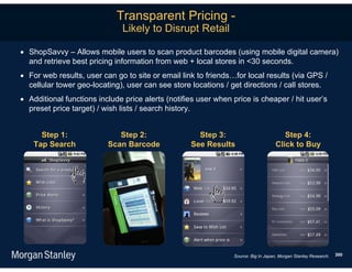Transparent Pricing -
                              Likely to Disrupt Retail

 ShopSavvy – Allows mobile users to scan product barcodes (using mobile digital camera)
  and retrieve best pricing information from web + local stores in <30 seconds.
 For web results, user can go to site or email link to friends…for local results (via GPS /
  cellular tower geo-locating), user can see store locations / get directions / call stores.
 Additional functions include price alerts (notifies user when price is cheaper / hit user’s
  preset price target) / wish lists / search history.


      Step 1:                Step 2:                 Step 3:                           Step 4:
    Tap Search            Scan Barcode             See Results                      Click to Buy




                                                                Source: Big In Japan, Morgan Stanley Research.   300
 