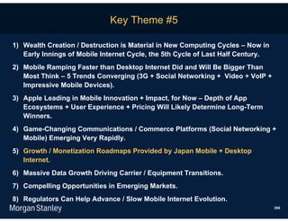 Key Theme #5

1) Wealth Creation / Destruction is Material in New Computing Cycles – Now in
   Early Innings of Mobile Internet Cycle, the 5th Cycle of Last Half Century.
2) Mobile Ramping Faster than Desktop Internet Did and Will Be Bigger Than
   Most Think – 5 Trends Converging (3G + Social Networking + Video + VoIP +
   Impressive Mobile Devices).
3) Apple Leading in Mobile Innovation + Impact, for Now – Depth of App
   Ecosystems + User Experience + Pricing Will Likely Determine Long-Term
   Winners.
4) Game-Changing Communications / Commerce Platforms (Social Networking +
   Mobile) Emerging Very Rapidly.
5) Growth / Monetization Roadmaps Provided by Japan Mobile + Desktop
   Internet.
6) Massive Data Growth Driving Carrier / Equipment Transitions.
7) Compelling Opportunities in Emerging Markets.
8) Regulators Can Help Advance / Slow Mobile Internet Evolution.
                                                                                 306
 