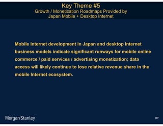 Key Theme #5
         Growth / Monetization Roadmaps Provided by
               Japan Mobile + Desktop Internet




Mobile Internet development in Japan and desktop Internet
business models indicate significant runways for mobile online
commerce / paid services / advertising monetization; data
access will likely continue to lose relative revenue share in the
mobile Internet ecosystem.




                                                                    307
 