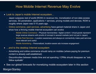How Mobile Internet Revenue May Evolve

 Look to Japan’s mobile Internet ecosystem…
     Japan outpaces rest of world (ROW) in revenue mix, monetization of non-data access
      services, 3G penetration, applications + services, pricing models and devices. ROW is
      roughly where Japan was 5-10 years ago.
     Online commerce, paid services, advertising have gained material share in Japan and
      show how a thriving mobile Internet ecosystem can evolve
              Mobile Online Commerce – Physical merchandise / digital content / virtual goods represent
               large revenue streams with proofs of concept in several markets (and not just in Japan)
              Mobile Paid Services – Location awareness and always-on connectivity make paid services
               more relevant and useful
              Mobile Advertising – Personalized, location-aware ads increase engagement

 …and to the desktop Internet ecosystem
     Advertising and online commerce should ramp on mobiles (where paying for premium
      content is already well established)
     Discontinuities between media time and ad spending / CPMs should disappear as “ads
      follow eyeballs”

 See our global forecasts for monetizing mobile ecosystem later in this section
                                                                                                           308
 