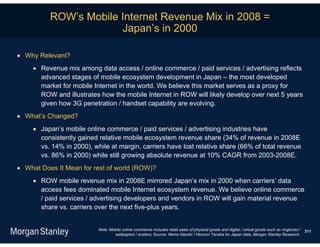 ROW’s Mobile Internet Revenue Mix in 2008 =
                       Japan’s in 2000

 Why Relevant?
      Revenue mix among data access / online commerce / paid services / advertising reflects
       advanced stages of mobile ecosystem development in Japan – the most developed
       market for mobile Internet in the world. We believe this market serves as a proxy for
       ROW and illustrates how the mobile Internet in ROW will likely develop over next 5 years
       given how 3G penetration / handset capability are evolving.
 What’s Changed?
      Japan’s mobile online commerce / paid services / advertising industries have
       consistently gained relative mobile ecosystem revenue share (34% of revenue in 2008E
       vs. 14% in 2000), while at margin, carriers have lost relative share (66% of total revenue
       vs. 86% in 2000) while still growing absolute revenue at 10% CAGR from 2003-2008E.
 What Does It Mean for rest of world (ROW)?
      ROW mobile revenue mix in 2008E mirrored Japan’s mix in 2000 when carriers’ data
       access fees dominated mobile Internet ecosystem revenue. We believe online commerce
       / paid services / advertising developers and vendors in ROW will gain material revenue
       share vs. carriers over the next five-plus years.


                           Note: Mobile online commerce includes retail sales of physical goods and digital / virtual goods such as ringtones /   311
                                   wallpapers / avatars; Source: Nema Naoshi / Hironori Tanaka for Japan data, Morgan Stanley Research.
 