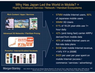 Why Has Japan Led the World in Mobile? =
          Highly Developed Service / Network / Handset Ecosystems

    Rich Content / Apps / Services                                        •     97MM mobile Internet users, 90%
                                                                                of Japanese mobile users
                                                                          •     95MM 3G Users
                                                                          •     61% of 16-24 year-olds use 1+
                                                                                hour daily
Advanced 3G Networks / Flat-Rate Pricing                                  •     42% (and rising fast) carrier ARPU
                                                                                derived from mobile data
                                                                          •     40% of mobile Internet users on
                                                                                flat-rate data plans
                                                                          •     $43B total mobile Internet revenue,
 Powerful / Internet-Enabled Handsets
                                                                                +14% Y/Y in 2008E
                                                                          •     $425 per user per year spent on
                                                                                mobile Internet (access /
                                                                                commerce / services / advertising)

                      Note: Mobile Internet users per Morgan Stanley Research, 3G users per Ovum, usage data per Infinita Japan, ARPU data per 317
                                       Informa, flat-rate % / mobile Internet revenue per Hironori Tanaka, Nema Naoshi, Morgan Stanley Research.
 