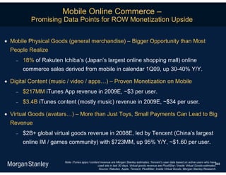 Mobile Online Commerce –
           Promising Data Points for ROW Monetization Upside


 Mobile Physical Goods (general merchandise) – Bigger Opportunity than Most
  People Realize
       18% of Rakuten Ichiba’s (Japan’s largest online shopping mall) online
        commerce sales derived from mobile in calendar 1Q09, up 30-40% Y/Y.

 Digital Content (music / video / apps…) – Proven Monetization on Mobile
       $217MM iTunes App revenue in 2009E, ~$3 per user.
       $3.4B iTunes content (mostly music) revenue in 2009E, ~$34 per user.

 Virtual Goods (avatars…) – More than Just Toys, Small Payments Can Lead to Big
  Revenue
       $2B+ global virtual goods revenue in 2008E, led by Tencent (China’s largest
        online IM / games community) with $723MM, up 95% Y/Y, ~$1.60 per user.


                        Note: iTunes apps / content revenue are Morgan Stanley estimates; Tencent’s user data based on active users who have
                                                                                                                                                333
                                                 used site in last 30 days. Virtual goods revenue are Plus8Star / Inside Virtual Goods estimates.
                                                  Source: Rakuten, Apple, Tencent, Plus8Star, Inside Virtual Goods, Morgan Stanley Research.
 