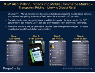 ROW Also Making Inroads into Mobile Commerce Market –
               Transparent Pricing = Likely to Disrupt Retail

  ShopSavvy – Allows mobile users to scan product barcodes (using mobile digital camera)
   and retrieve best pricing information from web + local stores in <30 seconds.
  For web results, user can go to site or email link to friends…for local results (via GPS /
   cellular tower geo-locating), user can see store locations / get directions / call stores.
  Additional functions include price alerts (notifies user when price is cheaper / hit user’s
   preset price target) / wish lists / search history.


       Step 1:                Step 2:                 Step 3:                           Step 4:
     Tap Search            Scan Barcode             See Results                      Click to Buy




                                                                 Source: Big In Japan, Morgan Stanley Research.   337
 