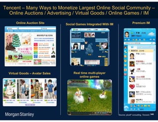 Tencent – Many Ways to Monetize Largest Online Social Community –
  Online Auctions / Advertising / Virtual Goods / Online Games / IM
      Online Auction Site        Social Games Integrated With IM                  Premium IM




  Virtual Goods – Avatar Sales        Real time multi-player
                                          online games




                                                                   Source: plus8* consulting, Tencent. 346
 