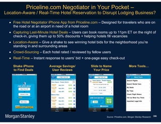 Priceline.com Negotiator in Your Pocket –
Location-Aware / Real-Time Hotel Reservation to Disrupt Lodging Business?

   Free Hotel Negotiator iPhone App from Priceline.com – Designed for travelers who are on
    the road or at an airport in need of a hotel room
   Capturing Last-Minute Hotel Deals – Users can book rooms up to 11pm ET on the night of
    check-in, giving them up to 50% discounts + helping hotels fill vacancies
   Location-Aware – Give a shake to see winning hotel bids for the neighborhood you’re
    standing in and surrounding areas
   Crowd-Sourcing – Each hotel rated / reviewed by fellow users
   Real-Time – Instant response to users’ bid + one-page easy check-out

    Shake iPhone          Average Savings/          Slide to Name                  More Tools…
    to Find Deals          User Reviews              Your Price




                                                             Source: Priceline.com, Morgan Stanley Research. 356
 