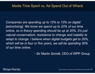 Media Time Spent vs. Ad Spend Out of Whack



Companies are spending up to 12% to 13% on digital
[advertising]. We know we spend up to 20% of our time
online, so in theory spending should be up at 20%. It's just
natural conservatism, resistance to change and inability to
adapt to change. I believe when digital budgets get to 20%,
which will be in four or five years, we will be spending 30%
of our time online.
                    - Sir Martin Sorrell, CEO of WPP Group



                                      Source: WSJ.com Interview with Sir Martin Sorrell, 9/22/09. 377
 