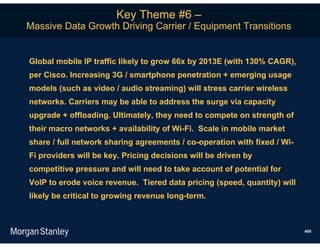 Key Theme #6 –
Massive Data Growth Driving Carrier / Equipment Transitions


Global mobile IP traffic likely to grow 66x by 2013E (with 130% CAGR),
per Cisco. Increasing 3G / smartphone penetration + emerging usage
models (such as video / audio streaming) will stress carrier wireless
networks. Carriers may be able to address the surge via capacity
upgrade + offloading. Ultimately, they need to compete on strength of
their macro networks + availability of Wi-Fi. Scale in mobile market
share / full network sharing agreements / co-operation with fixed / Wi-
Fi providers will be key. Pricing decisions will be driven by
competitive pressure and will need to take account of potential for
VoIP to erode voice revenue. Tiered data pricing (speed, quantity) will
likely be critical to growing revenue long-term.



                                                                          400
 