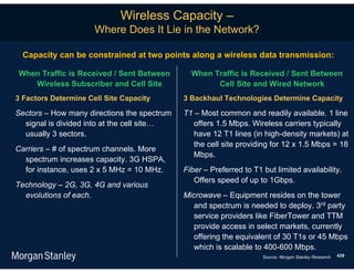 Wireless Capacity –
                      Where Does It Lie in the Network?

  Capacity can be constrained at two points along a wireless data transmission:

When Traffic is Received / Sent Between        When Traffic is Received / Sent Between
   Wireless Subscriber and Cell Site                 Cell Site and Wired Network
3 Factors Determine Cell Site Capacity       3 Backhaul Technologies Determine Capacity

Sectors – How many directions the spectrum   T1 – Most common and readily available. 1 line
  signal is divided into at the cell site…      offers 1.5 Mbps. Wireless carriers typically
  usually 3 sectors.                            have 12 T1 lines (in high-density markets) at
                                                the cell site providing for 12 x 1.5 Mbps = 18
Carriers – # of spectrum channels. More
                                                Mbps.
  spectrum increases capacity. 3G HSPA,
  for instance, uses 2 x 5 MHz = 10 MHz.     Fiber – Preferred to T1 but limited availability.
                                                Offers speed of up to 1Gbps.
Technology – 2G, 3G, 4G and various
  evolutions of each.                        Microwave – Equipment resides on the tower
                                                and spectrum is needed to deploy. 3rd party
                                                service providers like FiberTower and TTM
                                                provide access in select markets, currently
                                                offering the equivalent of 30 T1s or 45 Mbps
                                                which is scalable to 400-600 Mbps.
                                                                     Source: Morgan Stanley Research.   439
 