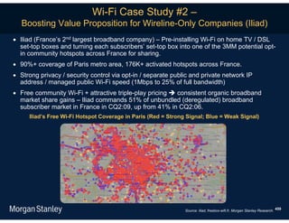 Wi-Fi Case Study #2 –
   Boosting Value Proposition for Wireline-Only Companies (Iliad)
 Iliad (France’s 2nd largest broadband company) – Pre-installing Wi-Fi on home TV / DSL
  set-top boxes and turning each subscribers’ set-top box into one of the 3MM potential opt-
  in community hotspots across France for sharing.
 90%+ coverage of Paris metro area, 176K+ activated hotspots across France.
 Strong privacy / security control via opt-in / separate public and private network IP
  address / managed public Wi-Fi speed (1Mbps to 25% of full bandwidth)
 Free community Wi-Fi + attractive triple-play pricing  consistent organic broadband
  market share gains – Iliad commands 51% of unbundled (deregulated) broadband
  subscriber market in France in CQ2:09, up from 41% in CQ2:06.
     Iliad’s Free Wi-Fi Hotspot Coverage in Paris (Red = Strong Signal; Blue = Weak Signal)




                                                               Source: Iliad, freebox-wifi.fr, Morgan Stanley Research. 459
 