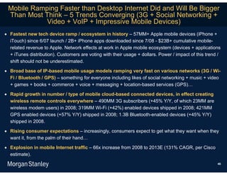 Mobile Ramping Faster than Desktop Internet Did and Will Be Bigger
 Than Most Think – 5 Trends Converging (3G + Social Networking +
            Video + VoIP + Impressive Mobile Devices)
 Fastest new tech device ramp / ecosystem in history – 57MM+ Apple mobile devices (iPhone +
  iTouch) since 6/07 launch / 2B+ iPhone apps downloaded since 7/08 - $23B+ cumulative mobile-
  related revenue to Apple. Network effects at work in Apple mobile ecosystem (devices + applications
  + iTunes distribution). Customers are voting with their usage + dollars. Power / impact of this trend /
  shift should not be underestimated.

 Broad base of IP-based mobile usage models ramping very fast on various networks (3G / Wi-
  Fi / Bluetooth / GPS) – something for everyone including likes of social networking + music + video
  + games + books + commerce + voice + messaging + location-based services (GPS)…

 Rapid growth in number / type of mobile cloud-based connected devices, in effect creating
  wireless remote controls everywhere – 490MM 3G subscribers (+45% Y/Y, of which 23MM are
  wireless modem users) in 2008; 319MM Wi-Fi (+42%) enabled devices shipped in 2008; 421MM
  GPS enabled devices (+57% Y/Y) shipped in 2008; 1.3B Bluetooth-enabled devices (+45% Y/Y)
  shipped in 2008.

 Rising consumer expectations – increasingly, consumers expect to get what they want when they
  want it, from the palm of their hand…

 Explosion in mobile Internet traffic – 66x increase from 2008 to 2013E (131% CAGR, per Cisco
  estimate).
                                                                                                       46
 
