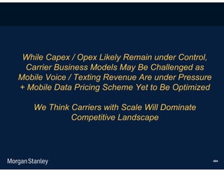 While Capex / Opex Likely Remain under Control,
 Carrier Business Models May Be Challenged as
Mobile Voice / Texting Revenue Are under Pressure
+ Mobile Data Pricing Scheme Yet to Be Optimized

   We Think Carriers with Scale Will Dominate
            Competitive Landscape




                                                    494
 