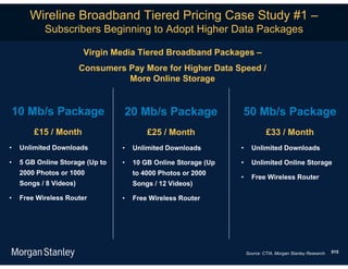 Wireline Broadband Tiered Pricing Case Study #1 –
           Subscribers Beginning to Adopt Higher Data Packages

                         Virgin Media Tiered Broadband Packages –
                        Consumers Pay More for Higher Data Speed /
                                  More Online Storage


10 Mb/s Package                   20 Mb/s Package               50 Mb/s Package
        £15 / Month                      £25 / Month                         £33 / Month
•   Unlimited Downloads          •   Unlimited Downloads        •     Unlimited Downloads

•   5 GB Online Storage (Up to   •   10 GB Online Storage (Up   •     Unlimited Online Storage
    2000 Photos or 1000              to 4000 Photos or 2000
                                                                •     Free Wireless Router
    Songs / 8 Videos)                Songs / 12 Videos)

•   Free Wireless Router         •   Free Wireless Router




                                                                    Source: CTIA, Morgan Stanley Research.   515
 