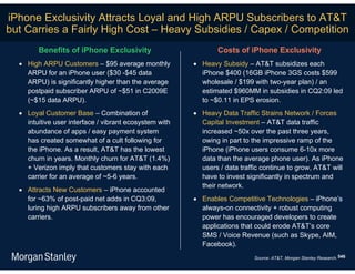 iPhone Exclusivity Attracts Loyal and High ARPU Subscribers to AT&T
but Carries a Fairly High Cost – Heavy Subsidies / Capex / Competition
        Benefits of iPhone Exclusivity                          Costs of iPhone Exclusivity
   High ARPU Customers – $95 average monthly            Heavy Subsidy – AT&T subsidizes each
    ARPU for an iPhone user ($30 -$45 data                iPhone $400 (16GB iPhone 3GS costs $599
    ARPU) is significantly higher than the average        wholesale / $199 with two-year plan) / an
    postpaid subscriber ARPU of ~$51 in C2009E            estimated $960MM in subsidies in CQ2:09 led
    (~$15 data ARPU).                                     to ~$0.11 in EPS erosion.
   Loyal Customer Base – Combination of                 Heavy Data Traffic Strains Network / Forces
    intuitive user interface / vibrant ecosystem with     Capital Investment – AT&T data traffic
    abundance of apps / easy payment system               increased ~50x over the past three years,
    has created somewhat of a cult following for          owing in part to the impressive ramp of the
    the iPhone. As a result, AT&T has the lowest          iPhone (iPhone users consume 6-10x more
    churn in years. Monthly churn for AT&T (1.4%)         data than the average phone user). As iPhone
    + Verizon imply that customers stay with each         users / data traffic continue to grow, AT&T will
    carrier for an average of ~5-6 years.                 have to invest significantly in spectrum and
                                                          their network.
   Attracts New Customers – iPhone accounted
    for ~63% of post-paid net adds in CQ3:09,            Enables Competitive Technologies – iPhone’s
    luring high ARPU subscribers away from other          always-on connectivity + robust computing
    carriers.                                             power has encouraged developers to create
                                                          applications that could erode AT&T’s core
                                                          SMS / Voice Revenue (such as Skype, AIM,
                                                          Facebook).
                                                                            Source: AT&T, Morgan Stanley Research. 546
 