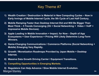 Key Theme #7

1) Wealth Creation / Destruction is Material in New Computing Cycles – Now in
   Early Innings of Mobile Internet Cycle, the 5th Cycle of Last Half Century.
2) Mobile Ramping Faster than Desktop Internet Did and Will Be Bigger Than
   Most Think – 5 Trends Converging (3G + Social Networking + Video + VoIP +
   Impressive Mobile Devices).
3) Apple Leading in Mobile Innovation + Impact, for Now – Depth of App
   Ecosystems + User Experience + Pricing Will Likely Determine Long-Term
   Winners.
4) Game-Changing Communications / Commerce Platforms (Social Networking +
   Mobile) Emerging Very Rapidly.
5) Growth / Monetization Roadmaps Provided by Japan Mobile + Desktop
   Internet.
6) Massive Data Growth Driving Carrier / Equipment Transitions.
7) Compelling Opportunities in Emerging Markets.
8) Regulators Can Help Advance / Slow Mobile Internet Evolution.
                                                                                 564
 