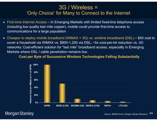 3G / Wireless =
              ‘Only Choice’ for Many to Connect to the Internet
 First-time Internet Access – In Emerging Markets with limited fixed-line telephone access
  (including low quality last mile copper), mobile could provide first-time access to
  communications for a large population
 Cheaper to deploy mobile broadband (WiMAX + 3G) vs. wireline broadband (DSL) – $40 cost to
  cover a household via WiMAX vs. $800-1,200 via DSL; ~5x cost-per-bit reduction vs. 3G
  networks; Cost-efficient solution for “last mile” broadband access, especially in Emerging
  Markets where DSL / cable penetration remains low.
         Cost per Byte of Successive Wireless Technologies Falling Substantially

                                                      100%
                Network Cost per MByte as % of GPRS




                                                      80%


                                                      60%


                                                      40%


                                                      20%


                                                       0%
                                                             GPRS   EDGE (2.5G)   WCDMA (3G) HSDPA (3.5G)   HSPA+         LTE (4G)


                                                                                                            Source: WiMAX forum, Morgan Stanley Research. 579
 