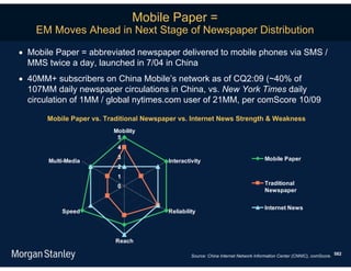 Mobile Paper =
    EM Moves Ahead in Next Stage of Newspaper Distribution

 Mobile Paper = abbreviated newspaper delivered to mobile phones via SMS /
  MMS twice a day, launched in 7/04 in China
 40MM+ subscribers on China Mobile’s network as of CQ2:09 (~40% of
  107MM daily newspaper circulations in China, vs. New York Times daily
  circulation of 1MM / global nytimes.com user of 21MM, per comScore 10/09

       Mobile Paper vs. Traditional Newspaper vs. Internet News Strength & Weakness
                          Mobility
                           5
                           4
                           3                                                          Mobile Paper
       Multi-Media                        Interactivity
                           2
                           1
                           0                                                          Traditional
                                                                                      Newspaper


                                                                                      Internet News
           Speed                          Reliability




                           Reach

                                                   Source: China Internet Network Information Center (CNNIC), comScore. 582
 