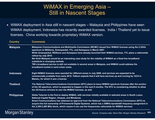 WiMAX in Emerging Asia –
                           Still in Nascent Stages

 WiMAX deployment in Asia still in nascent stages – Malaysia and Philippines have seen
  WiMAX deployment, Indonesia has recently awarded licenses. India / Thailand yet to issue
  licenses. China working towards proprietary WiMAX version.
 Country       Comments

 Malaysia      Malaysian Communications and Multimedia Commission (MCMC) issued four WiMAX licenses using the 2.3GHz
               spectrum to REDtone, Greenpacket, YTL, and Asiaspace in March 2007.
               While Greenpacket, REDtone and Asiaspace have already launched their WiMAX services, YTL plans a nationwide
               rollout by July 2010.
               We think Malaysia would be an interesting case study for the viability of WiMAX as a fixed line broadband
               substitute in emerging markets.
               TM’s broadband service is still not available in several areas in Malaysia, and WiMAX could address the
               broadband market in semi-urban areas.

 Indonesia     Eight WiMAX licenses were awarded for different zones in July 2009, and services are expected to be
               commercially available from early 2010. Telkom expects that it will have services up and running by 1Q10 in
               Maluku, for which it won a license.

 Thailand      The National Telecommunications Commission (NTC) plans to issue WiMAX spectrum licenses after the auction
               of the 3G spectrum, which is expected to happen in the next 6 months. The NTC is considering whether to allow
               the 3G-licence winners to own the WiMAX licenses, as well.

 Philippines   Globe Telecom is the first to deploy WiMAX, with services initially available in selected areas in South Luzon,
               National Capital Region, Visayas, and Mindanao.
               Smart Communications has obtained an approval from the National Telecommunications Commission (NTC) to
               acquire the full ownership of Primeworld Digital Systems, which has a 30MHz bandwidth frequency assignment in
               the 2,300-2,400 MHz block, which means it can use the frequencies nationwide for WiMAX services.


                                                                         Source: Company data, Navin Killa, Morgan Stanley Research. 629
 