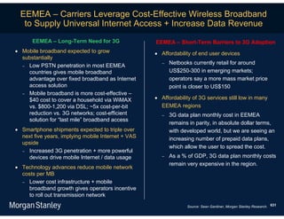 EEMEA – Carriers Leverage Cost-Effective Wireless Broadband
   to Supply Universal Internet Access + Increase Data Revenue
      EEMEA – Long-Term Need for 3G                 EEMEA – Short-Term Barriers to 3G Adoption
 Mobile broadband expected to grow                  Affordability of end user devices
  substantially
                                                          Netbooks currently retail for around
   Low PSTN penetration in most EEMEA
    countries gives mobile broadband                       US$250-300 in emerging markets;
    advantage over fixed broadband as Internet             operators say a more mass market price
    access solution                                        point is closer to US$150
   Mobile broadband is more cost-effective –
    $40 cost to cover a household via WiMAX          Affordability of 3G services still low in many
    vs. $800-1,200 via DSL; ~5x cost-per-bit          EEMEA regions
    reduction vs. 3G networks; cost-efficient             3G data plan monthly cost in EEMEA
    solution for “last mile” broadband access
                                                           remains in parity, in absolute dollar terms,
 Smartphone shipments expected to triple over             with developed world, but we are seeing an
  next five years, implying mobile Internet + VAS          increasing number of prepaid data plans,
  upside
                                                           which allow the user to spread the cost.
   Increased 3G penetration + more powerful
    devices drive mobile Internet / data usage            As a % of GDP, 3G data plan monthly costs
                                                           remain very expensive in the region.
 Technology advances reduce mobile network
  costs per MB
   Lower cost infrastructure + mobile
    broadband growth gives operators incentive
    to roll out transmission network
                                                                  Source: Sean Gardiner, Morgan Stanley Research. 631
 
