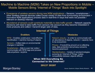 Machine to Machine (M2M) Takes on New Proportions in Mobile –
      Mobile Sensors Bring “Internet of Things” Back into Spotlight
   Emergence of wireless sensors driving new M2M applications – Sensors / smartphones /
    other wireless Internet devices collect broad variety of data from surrounding environment +
    innovative M2M applications process data in real-time in ways that were not possible /
    relevant on desktop Internet.
   Abundance of sensors could contribute materially to data traffic growth – Network capacity
    decisions will need to take traffic from sensors into account as they become imbedded in
    more products and collect / transmit larger sets of data.
                                          Internet of Things
                      Enablers                                             Obstacles
     RFID – Enables unobtrusive / cost-effective       Network ubiquity – In order to communicate with
     identification + real-time tracing of objects     an abundance of objects, network + capacity have
                                                       to be everywhere
     Sensors – Collect data on environmental
     changes in real-time                              Privacy – If everything around us is collecting
                                                       data, data protection and privacy concerns
     Smartphones – Able to scan bar codes /            become paramount
     communicate with RFID tags and process
     data anywhere / anytime                           Standardization – Variety of nanotechnologies
                                                       pursuing an ‘Internet of Things’ makes
                                                       compatibility between objects difficult
                                      When Will Everything Be
                                     Connected to the Internet?
                                               2012? 2020?
                                                                      Source: Qualcomm, Morgan Stanley Research.   65
 