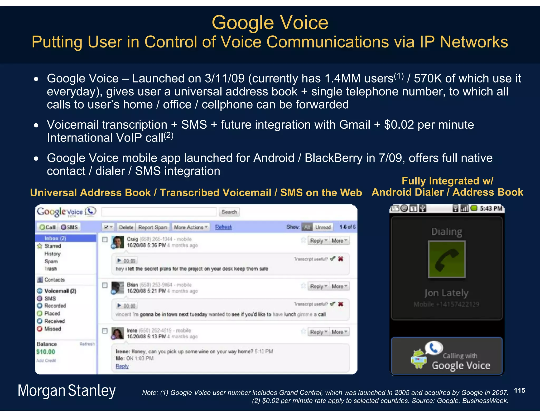 Google Voice
Putting User in Control of Voice Communications via IP Networks

 Google Voice – Launched on 3/11/09 (currently has 1.4MM users(1) / 570K of which use it
  everyday), gives user a universal address book + single telephone number, to which all
  calls to user’s home / office / cellphone can be forwarded
 Voicemail transcription + SMS + future integration with Gmail + $0.02 per minute
  International VoIP call(2)
 Google Voice mobile app launched for Android / BlackBerry in 7/09, offers full native
  contact / dialer / SMS integration
                                                                     Fully Integrated w/
Universal Address Book / Transcribed Voicemail / SMS on the Web Android Dialer / Address Book




                     Note: (1) Google Voice user number includes Grand Central, which was launched in 2005 and acquired by Google in 2007. 115
                                                        (2) $0.02 per minute rate apply to selected countries. Source: Google, BusinessWeek.
 