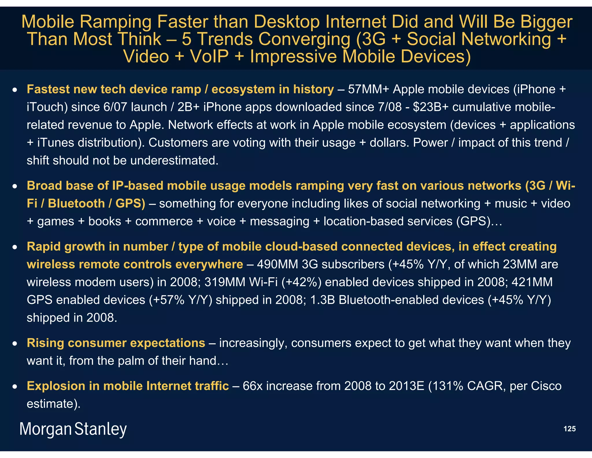 Mobile Ramping Faster than Desktop Internet Did and Will Be Bigger
 Than Most Think – 5 Trends Converging (3G + Social Networking +
            Video + VoIP + Impressive Mobile Devices)
 Fastest new tech device ramp / ecosystem in history – 57MM+ Apple mobile devices (iPhone +
  iTouch) since 6/07 launch / 2B+ iPhone apps downloaded since 7/08 - $23B+ cumulative mobile-
  related revenue to Apple. Network effects at work in Apple mobile ecosystem (devices + applications
  + iTunes distribution). Customers are voting with their usage + dollars. Power / impact of this trend /
  shift should not be underestimated.

 Broad base of IP-based mobile usage models ramping very fast on various networks (3G / Wi-
  Fi / Bluetooth / GPS) – something for everyone including likes of social networking + music + video
  + games + books + commerce + voice + messaging + location-based services (GPS)…

 Rapid growth in number / type of mobile cloud-based connected devices, in effect creating
  wireless remote controls everywhere – 490MM 3G subscribers (+45% Y/Y, of which 23MM are
  wireless modem users) in 2008; 319MM Wi-Fi (+42%) enabled devices shipped in 2008; 421MM
  GPS enabled devices (+57% Y/Y) shipped in 2008; 1.3B Bluetooth-enabled devices (+45% Y/Y)
  shipped in 2008.

 Rising consumer expectations – increasingly, consumers expect to get what they want when they
  want it, from the palm of their hand…

 Explosion in mobile Internet traffic – 66x increase from 2008 to 2013E (131% CAGR, per Cisco
  estimate).
                                                                                                      125
 